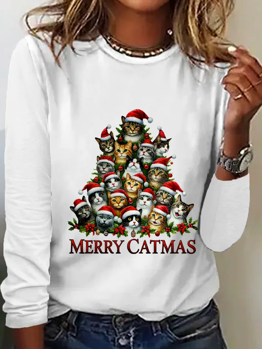 Merry Christmas Cats Art Print Casual Long Sleeve Shirt