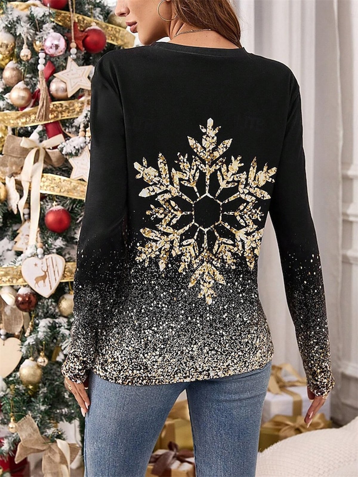 Women's Long Sleeve T-shirt Spring/Fall Black Christmas Snowman Printing Jersey Crew Neck Holiday Going Out Casual Top