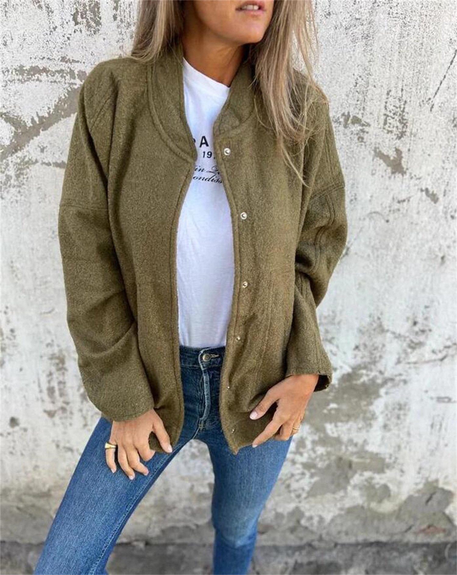 Loose Plain Crew Neck Casual Jacket