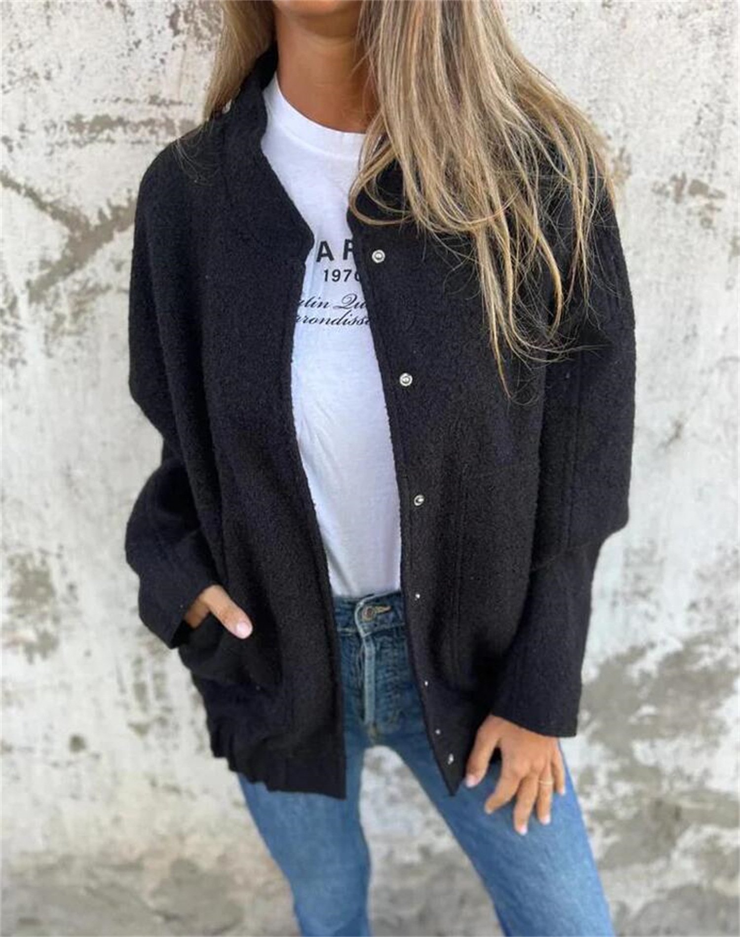 Loose Plain Crew Neck Casual Jacket