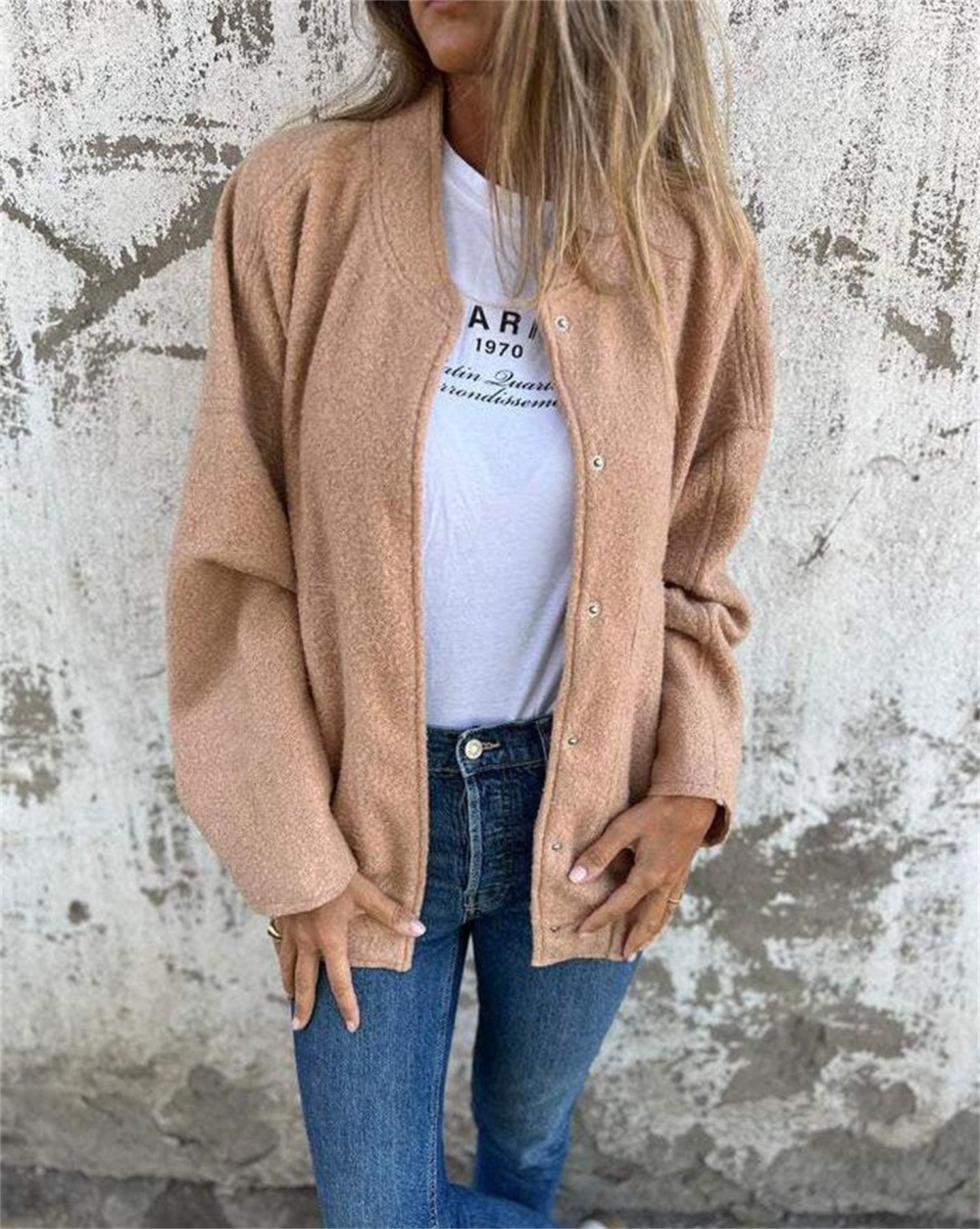 Loose Plain Crew Neck Casual Jacket