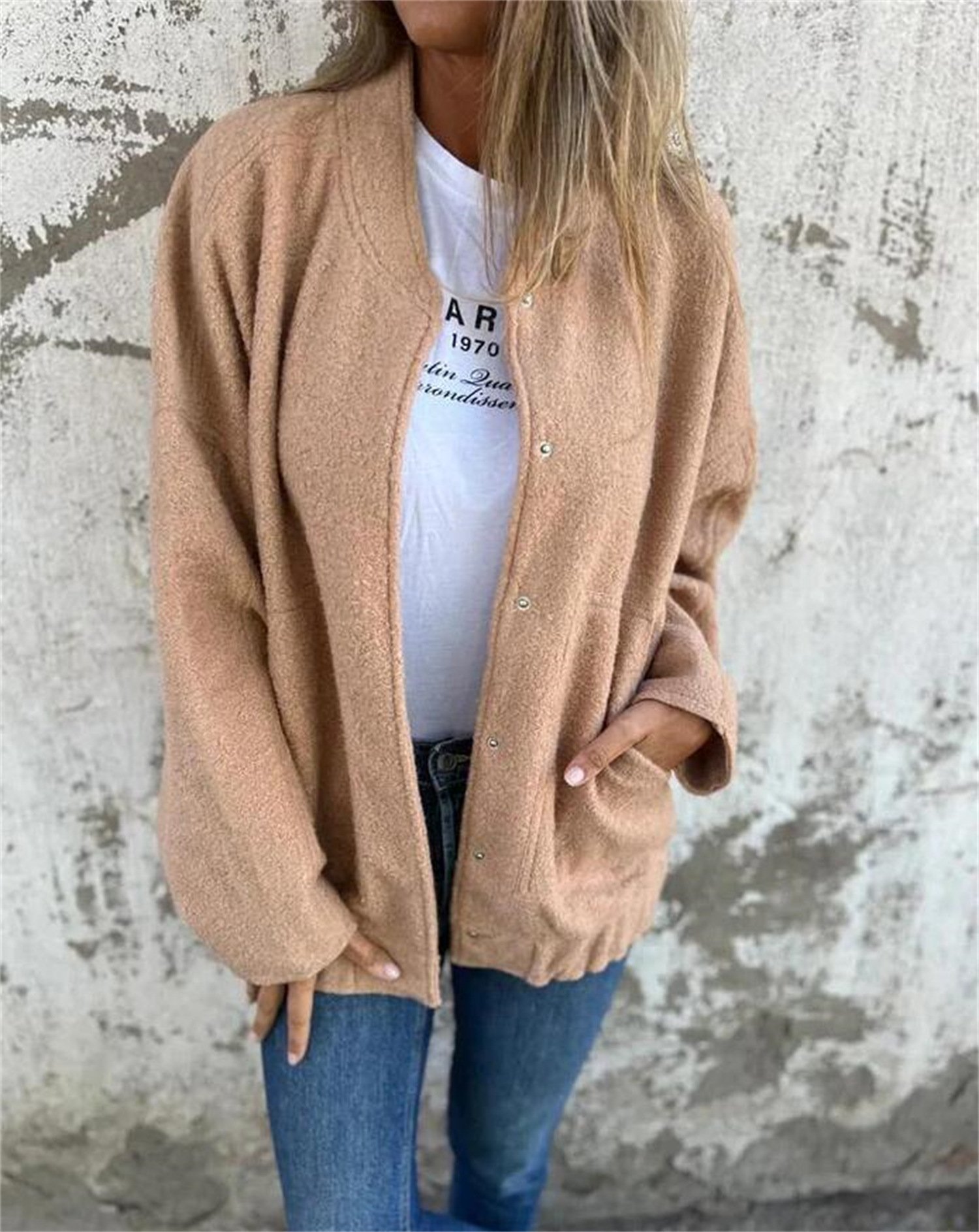 Loose Plain Crew Neck Casual Jacket