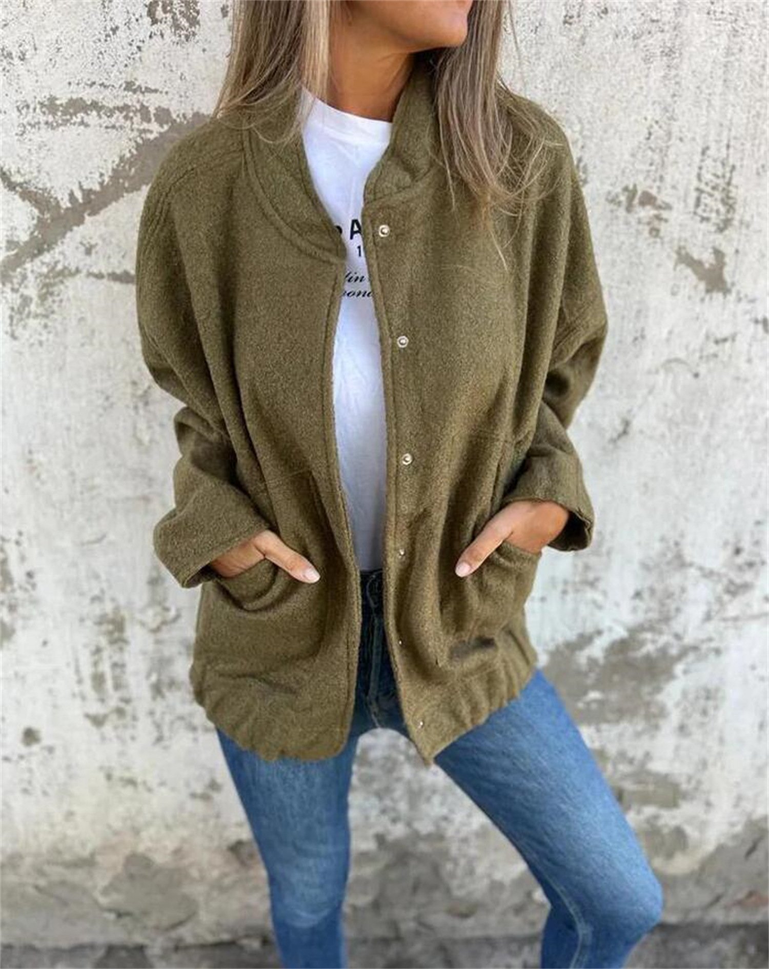 Loose Plain Crew Neck Casual Jacket