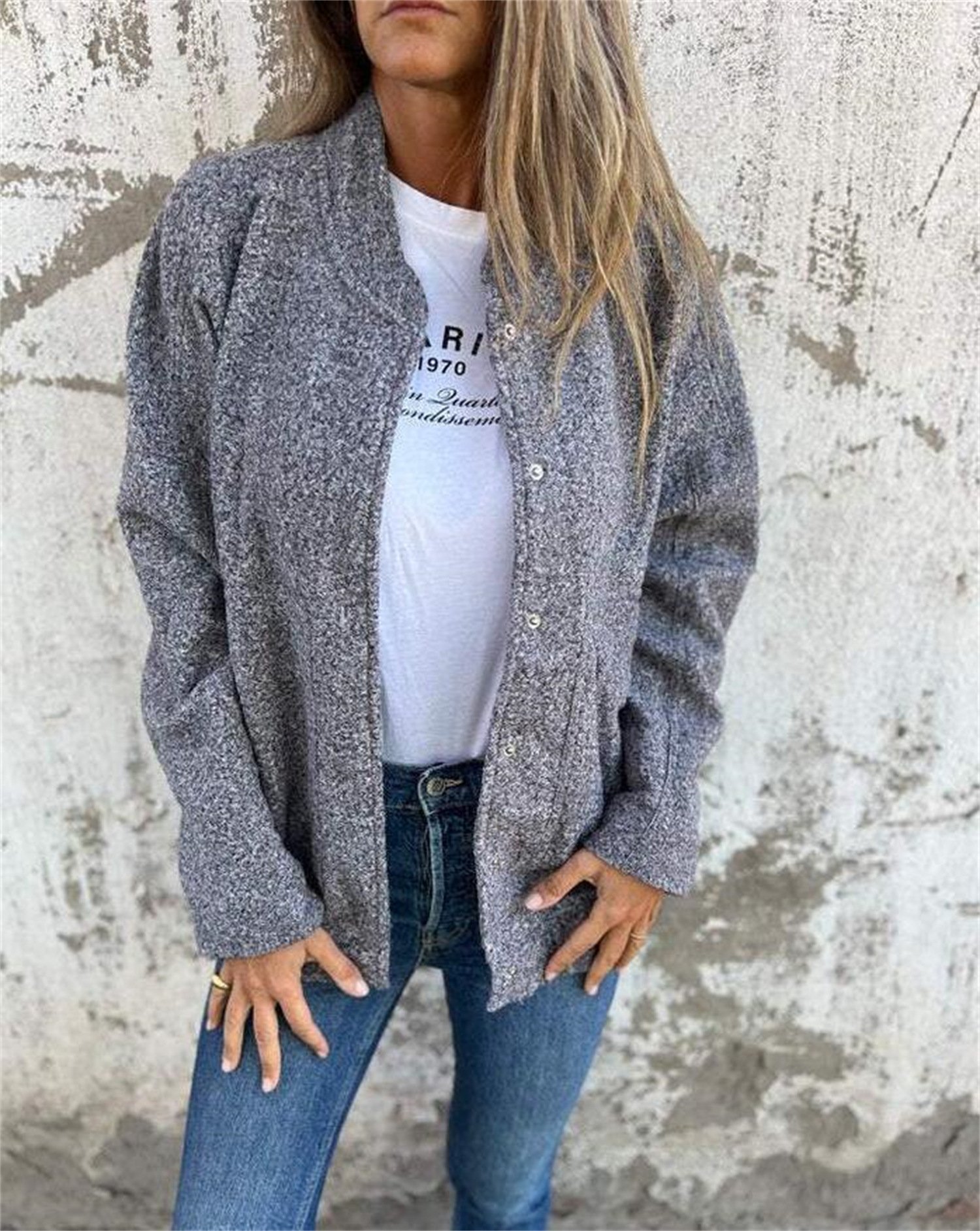 Loose Plain Crew Neck Casual Jacket