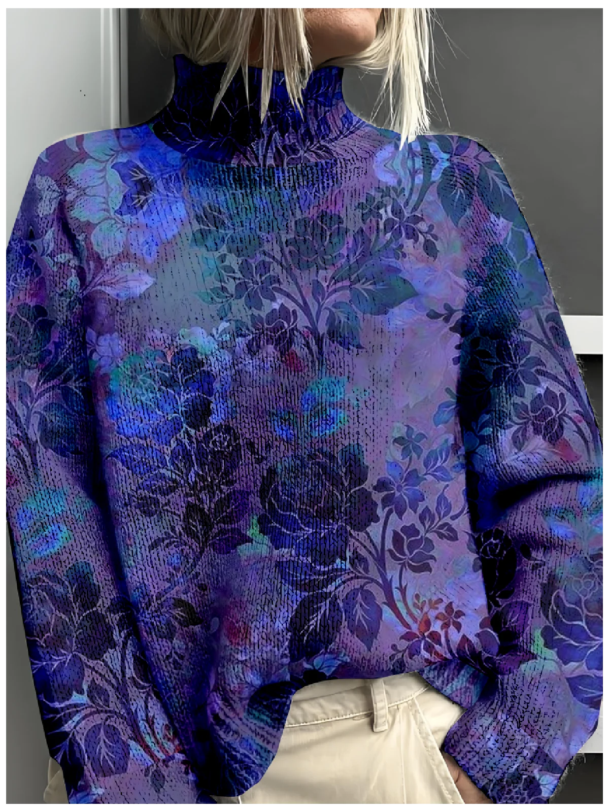 Vintage 3D Printing Loose Mock Neck Sweatshirt