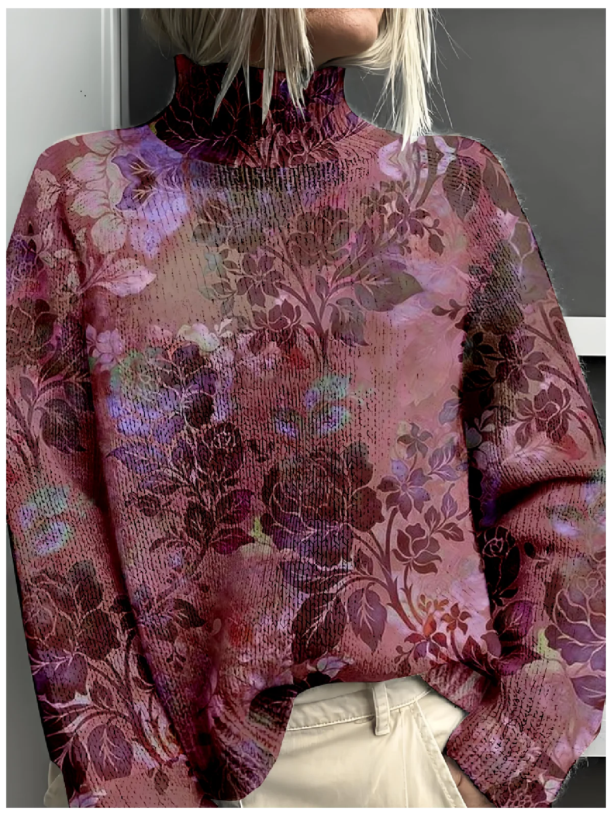 Vintage 3D Printing Loose Mock Neck Sweatshirt