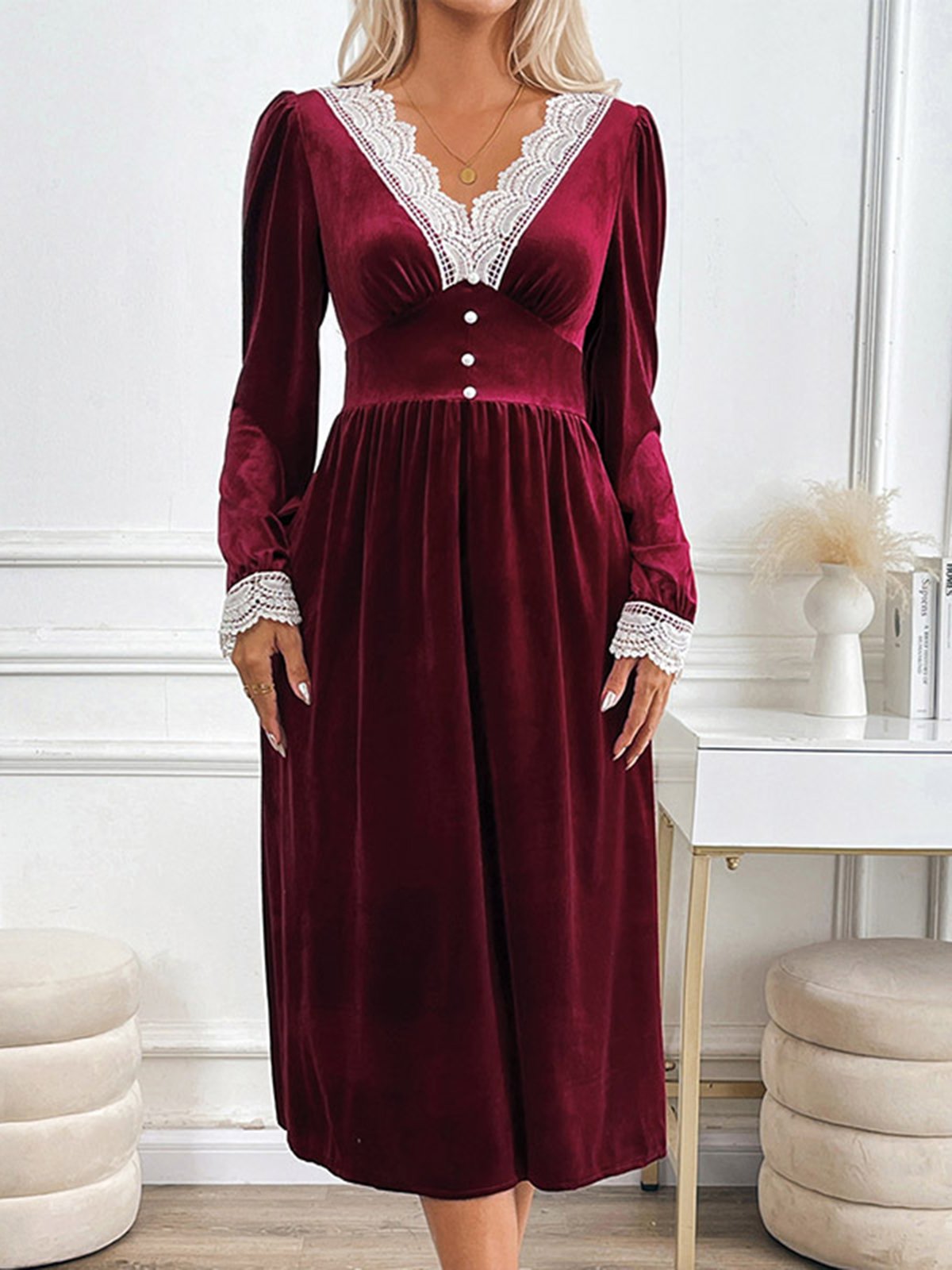 Women's Long Sleeve Spring/Fall Wine Red Plain Lace V Neck Holiday Going Out Casual Maxi A-Line Dress