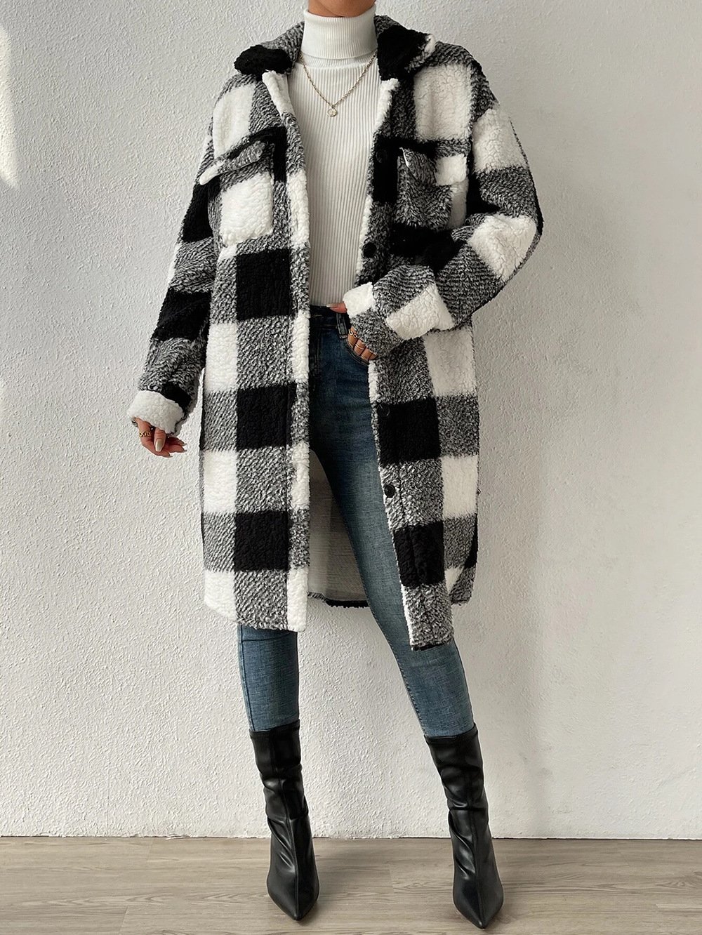 Fluff/Granular Fleece Fabric Plaid Casual Teddy Jacket