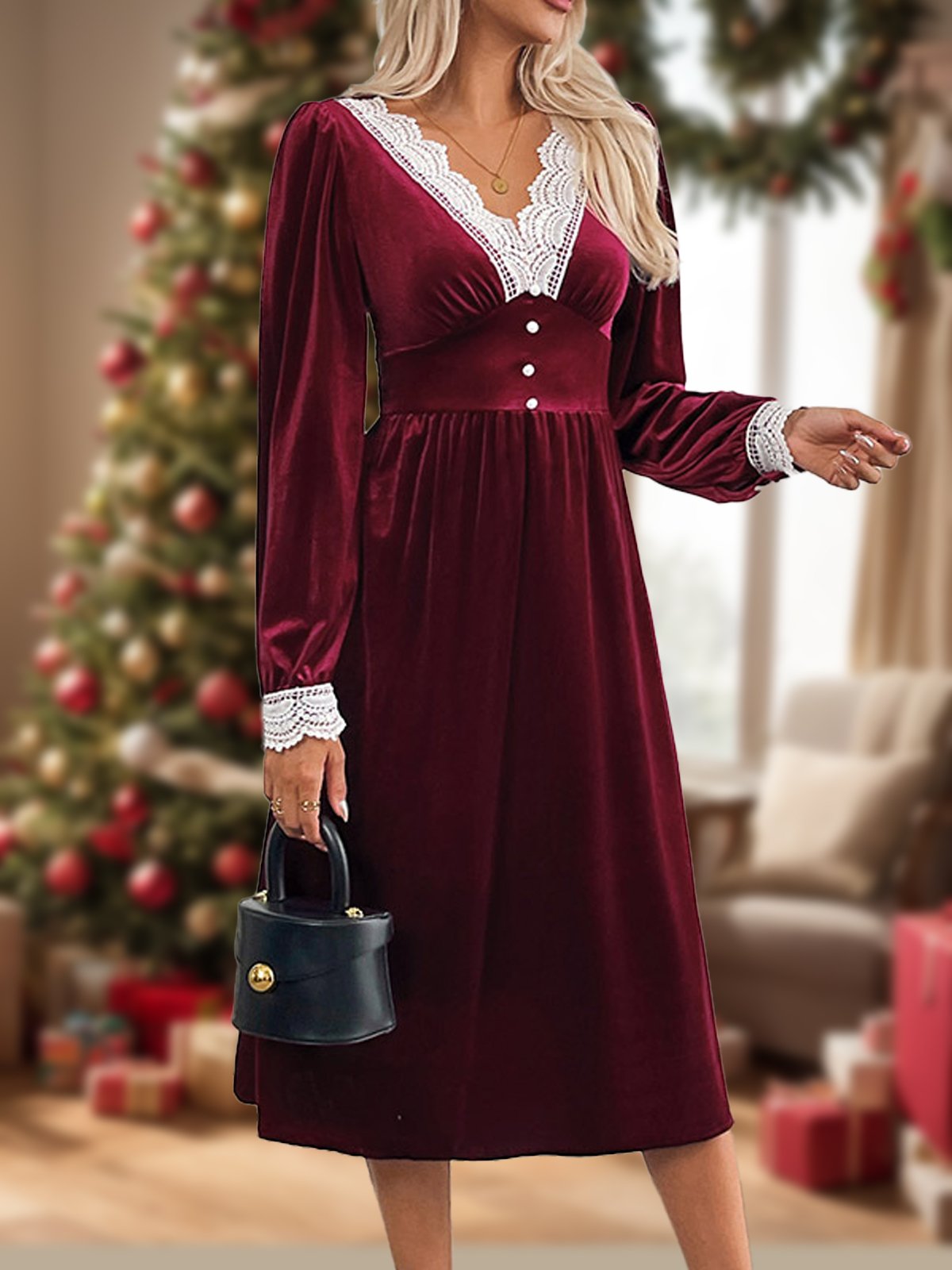 Women's Long Sleeve Spring/Fall Wine Red Plain Lace V Neck Holiday Going Out Casual Maxi A-Line Dress