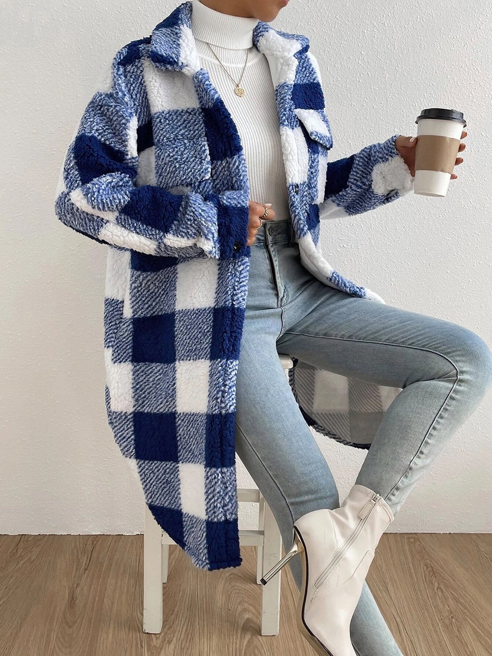 Fluff/Granular Fleece Fabric Plaid Casual Teddy Jacket