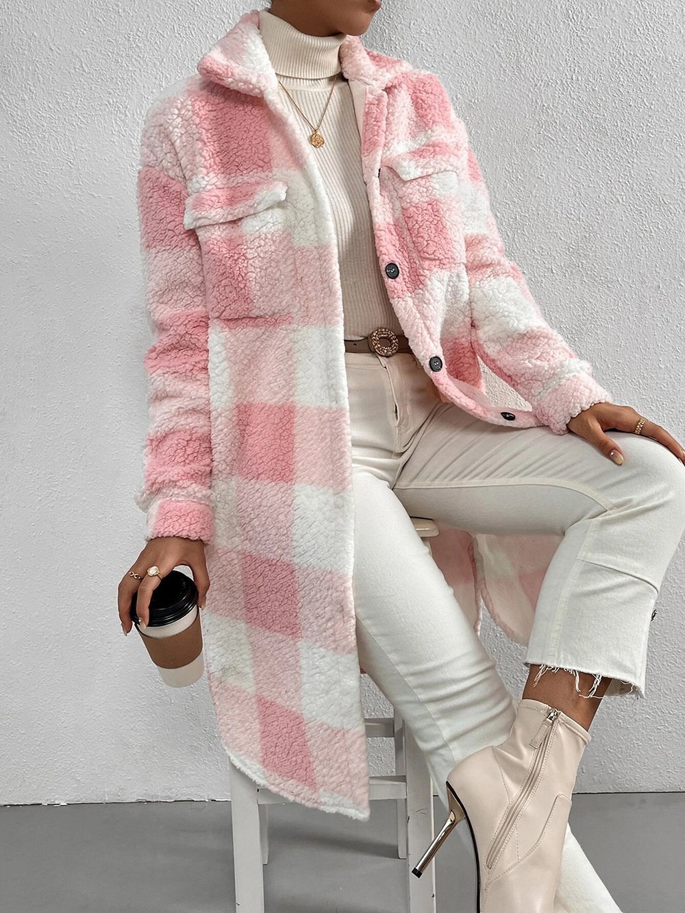 Fluff/Granular Fleece Fabric Plaid Casual Teddy Jacket