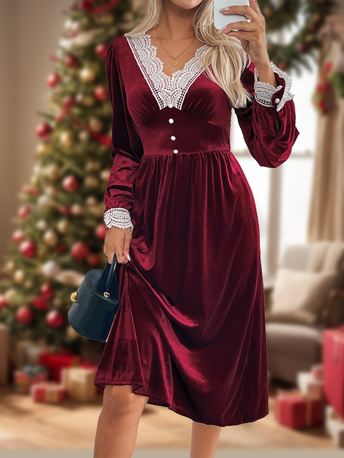 Women's Long Sleeve Spring/Fall Wine Red Plain Lace V Neck Holiday Going Out Casual Maxi A-Line Dress