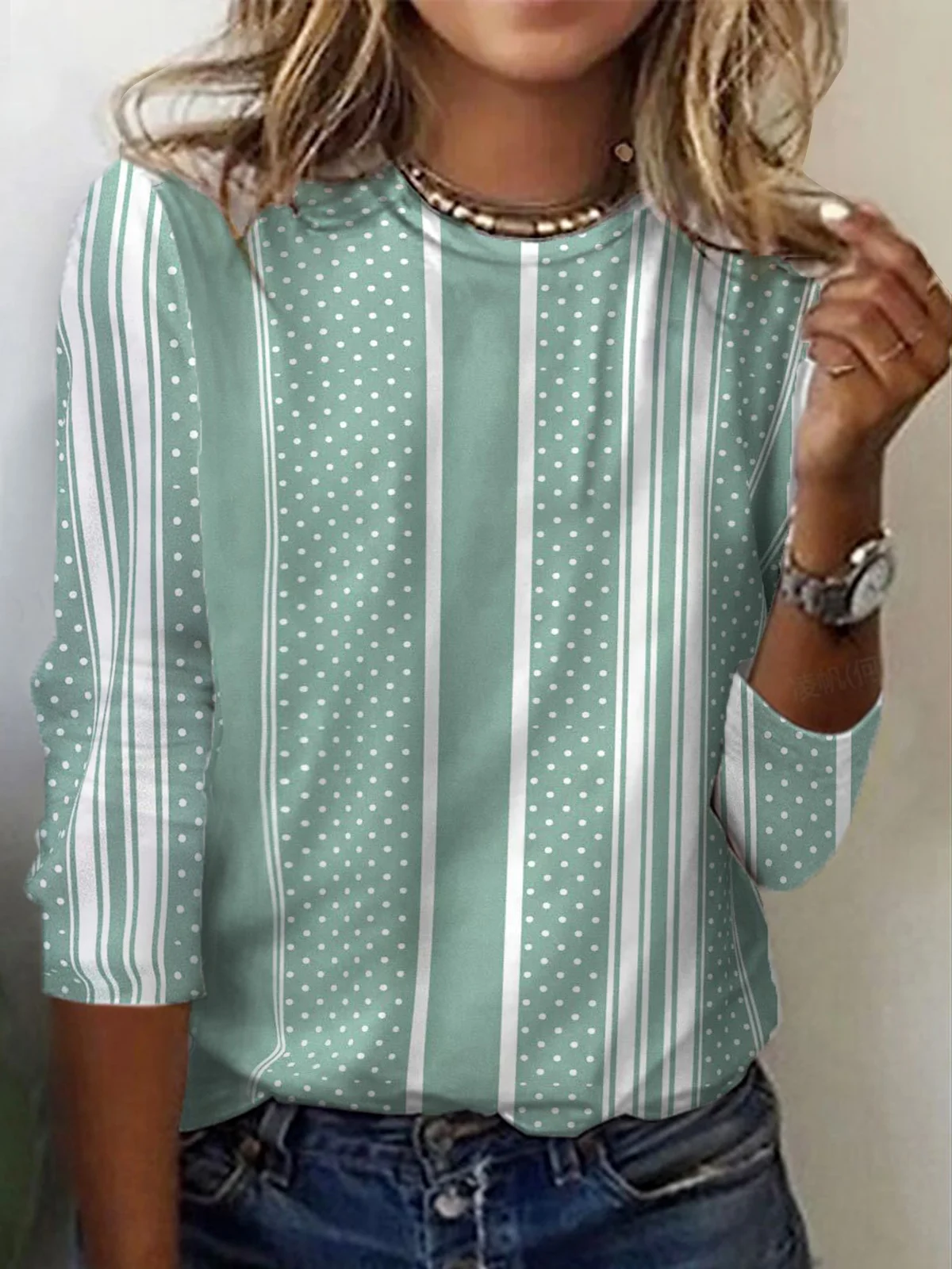 Striped Polka Dot Print Crew Neck Long-Sleeves T-shirt