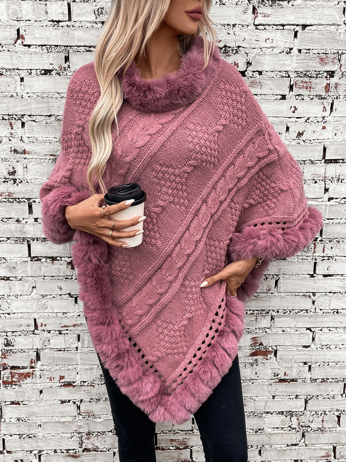 Fur Collar Elegant Plain Crew Neck Cloak