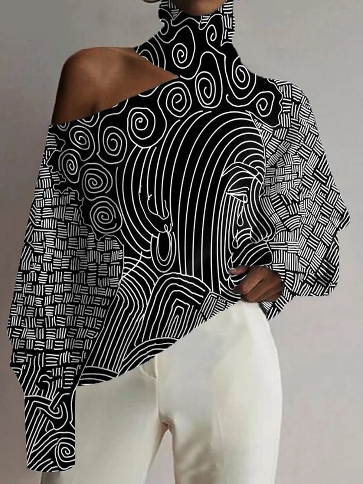 Women's Long Sleeve Blouse Spring/Fall Orange Abstract Cold Shoulder Daily Going Out Casual Top