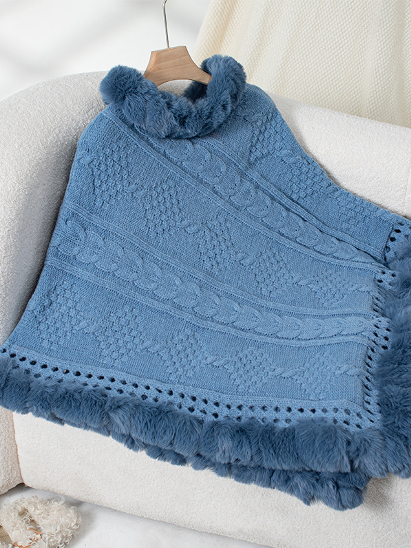 Fur Collar Elegant Plain Crew Neck Cloak