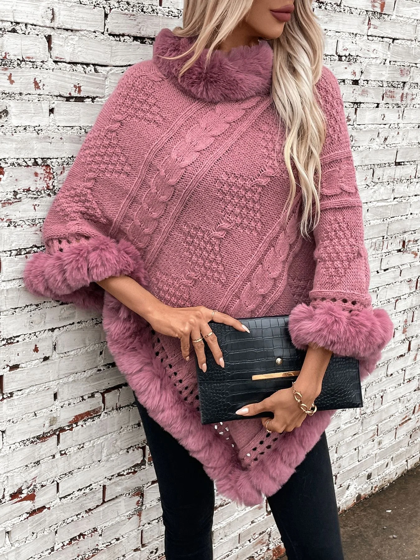 Fur Collar Elegant Plain Crew Neck Cloak