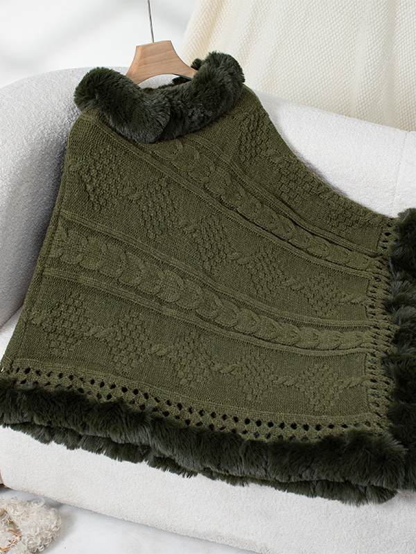 Fur Collar Elegant Plain Crew Neck Cloak