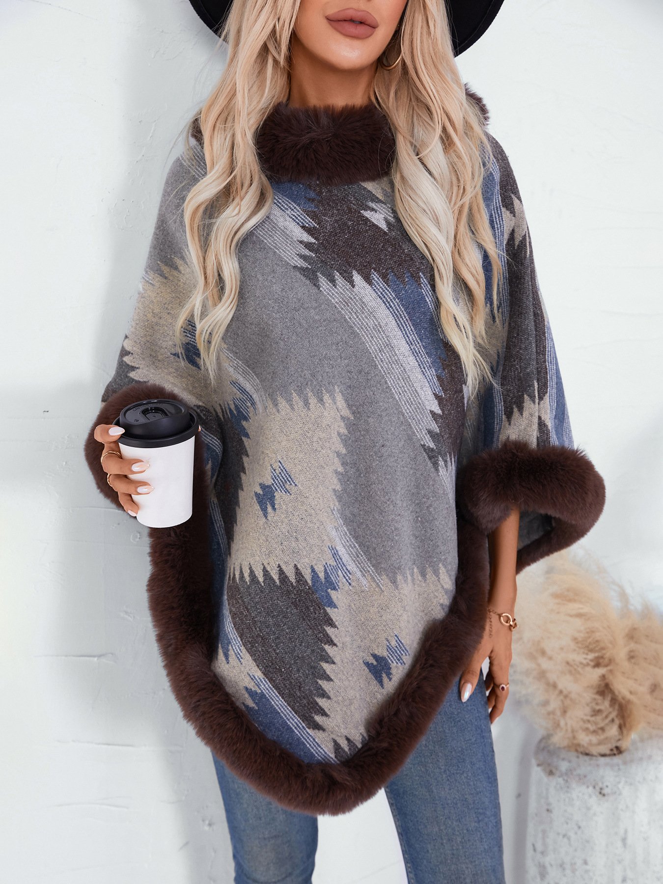 Fur Collar Elegant Crew Neck Cloak