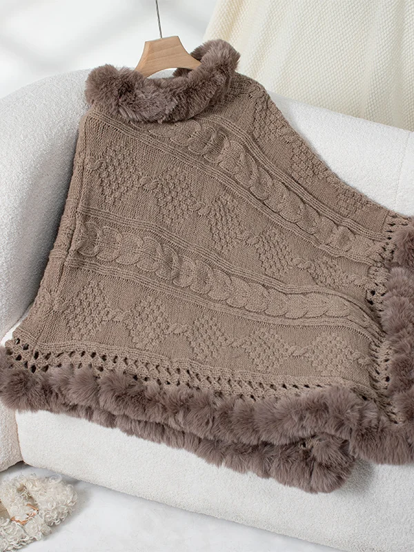 Fur Collar Elegant Plain Crew Neck Cloak
