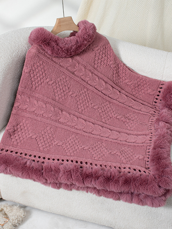 Fur Collar Elegant Plain Crew Neck Cloak