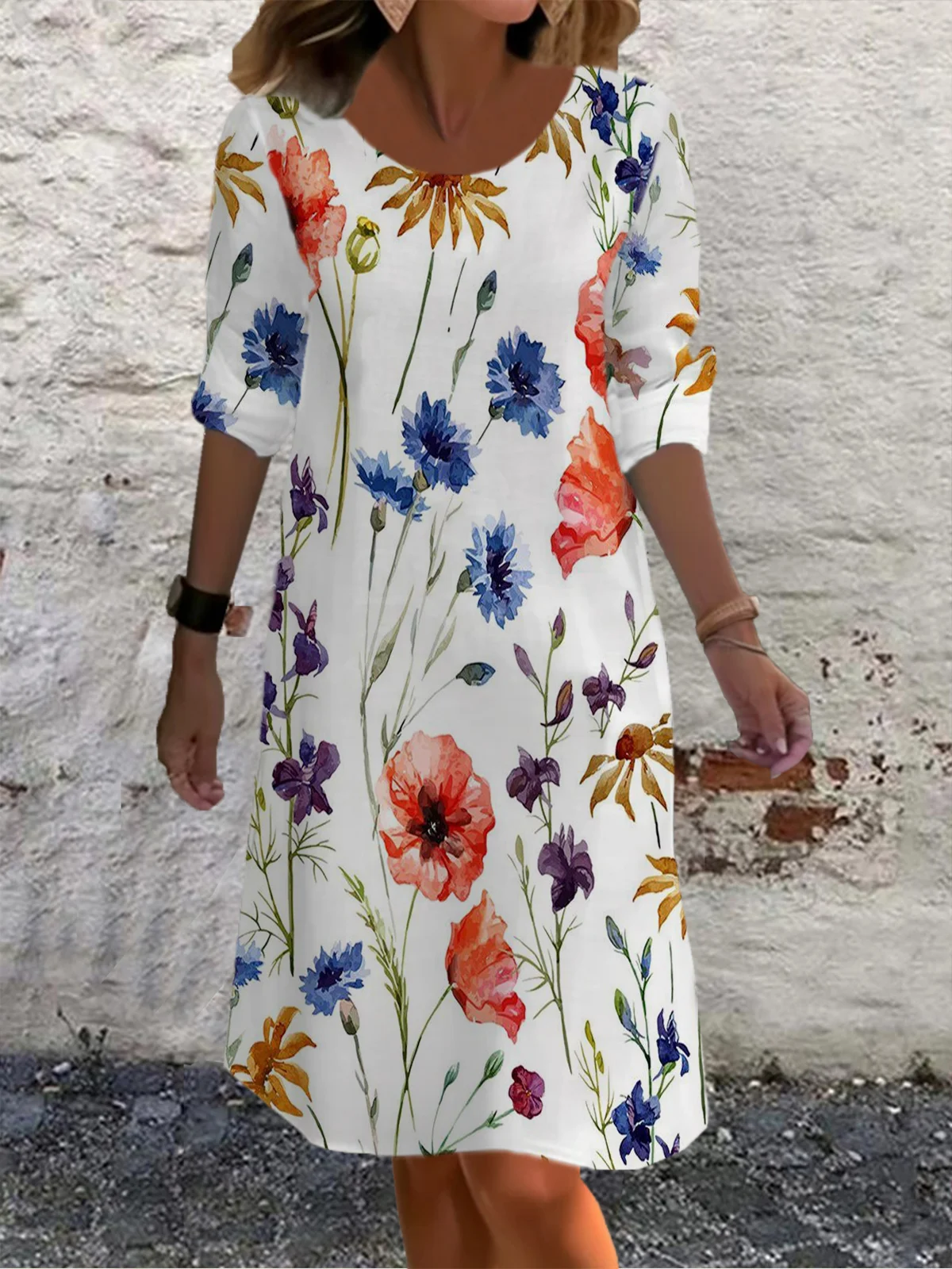 Floral Print Casual Round Neck Long Sleeve Dress