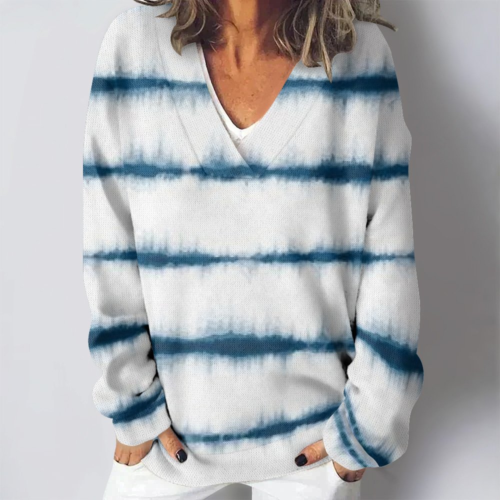 Vintage V Neck Loose Striped Sweatshirt