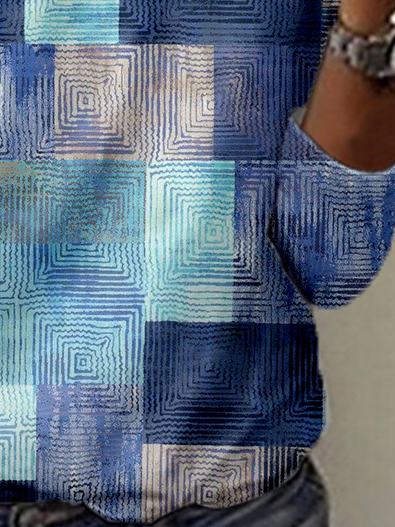 Geometric Print Long Sleeve V-Neck T-shirt