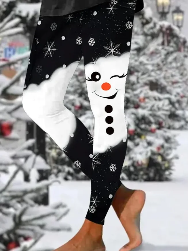 Women's Christmas Snowman Print Tight High Elastic Leggings