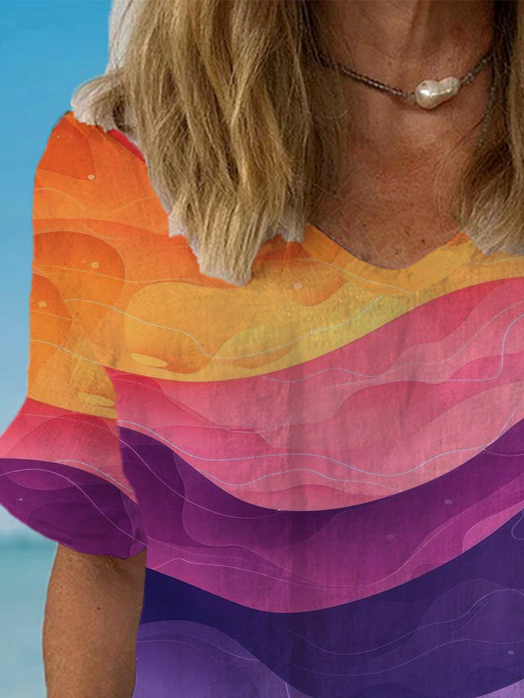 Ombre Print Short Sleeve V-Neck Blouses