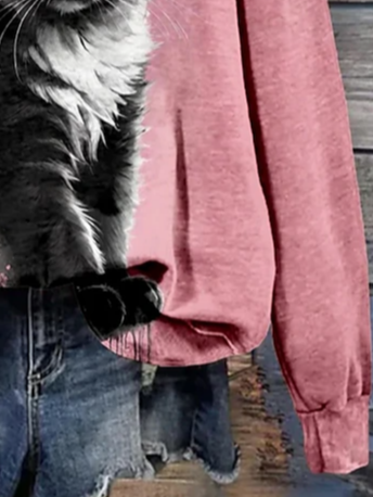 Cat Print Crew Neck Sweatshirt
