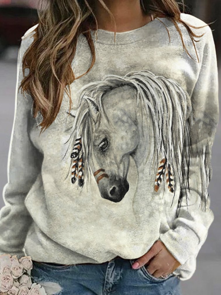 Western style horse head round neck pullover sweatshirt