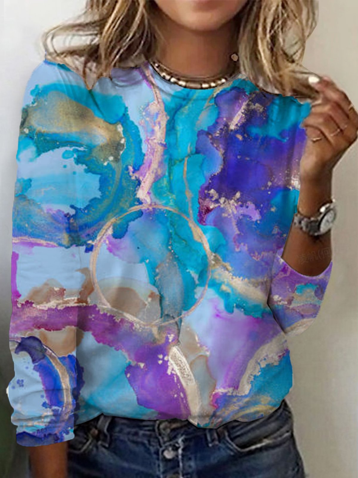 Women's Long Sleeve T-shirt Spring/Fall Blue Abstract Cotton Crew Neck Daily Going Out Casual Top