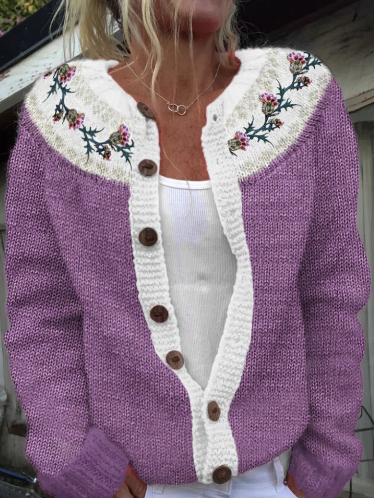 Scottish thistle color blocked knit sweater cardigan