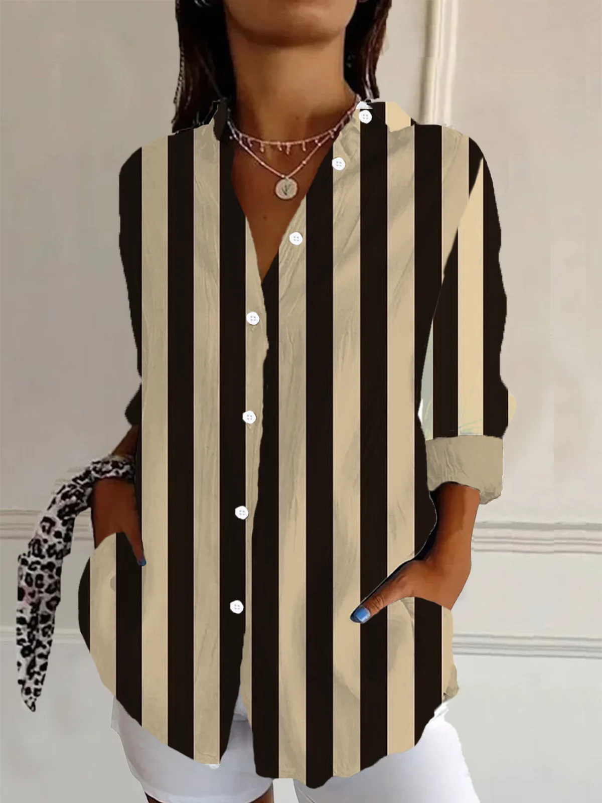 Women's Long Sleeve Shirt Spring/Fall As Picture Striped Shirt Collar Daily Going Out Casual Top
