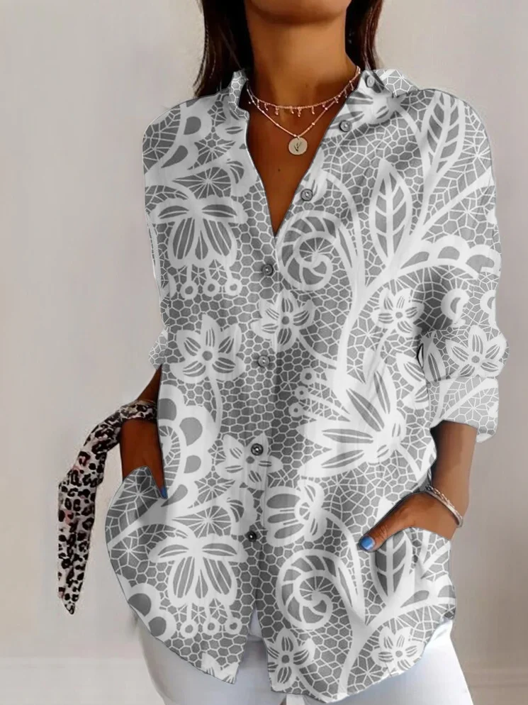 Retro dark floral print long sleeved shirt