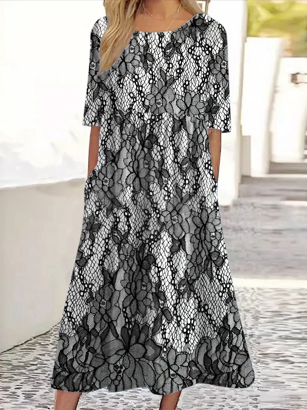 Lace floral casual mid sleeve dress