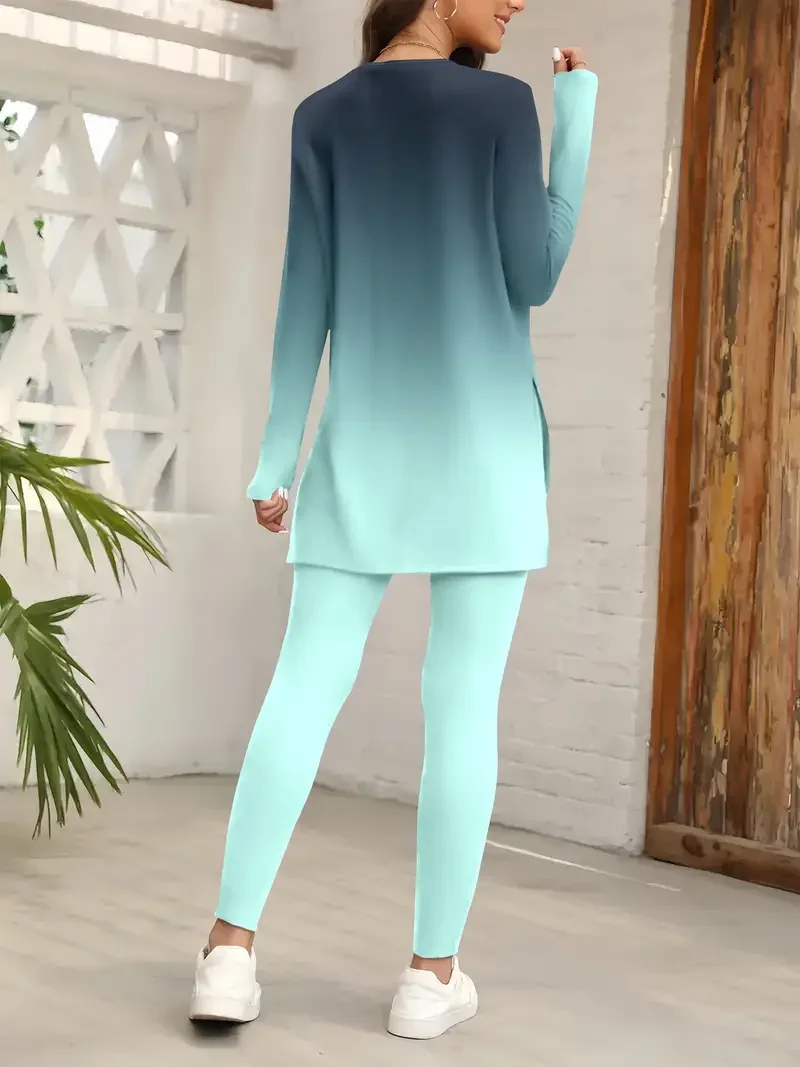 Women's Printing Ombre Daily Going Out Two-Piece Set Green Casual Spring/Fall Top With Pants Matching Set