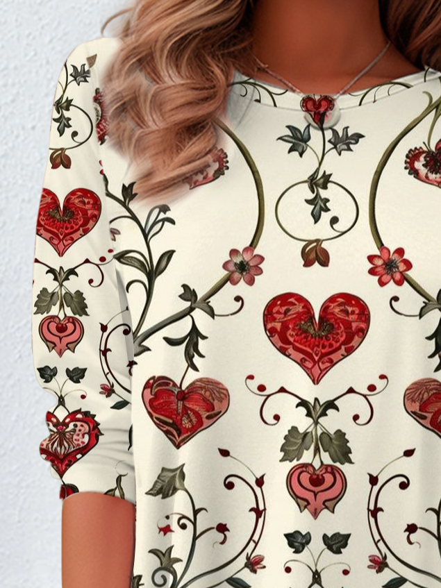 Women's Floral Hearts Valentine's Day Print Casual Round Neck Tunic T-Shirt