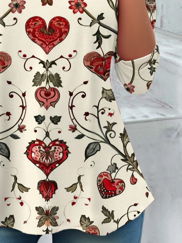 Women's Floral Hearts Valentine's Day Print Casual Round Neck Tunic T-Shirt