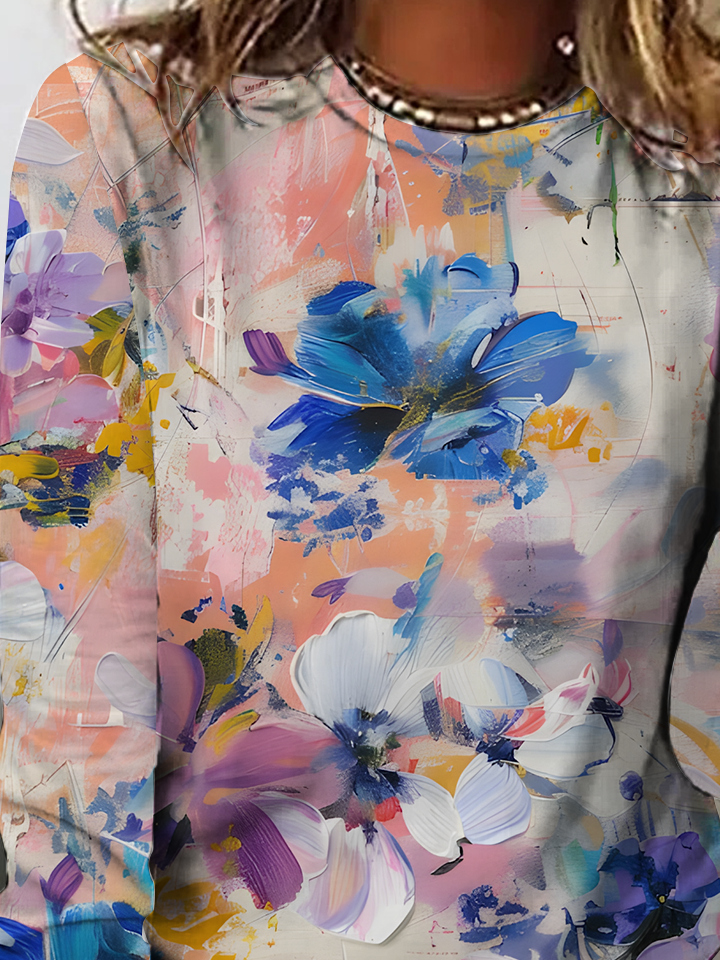 Women's Vintage Art Floral Print Crew Neck Casual T-Shirt