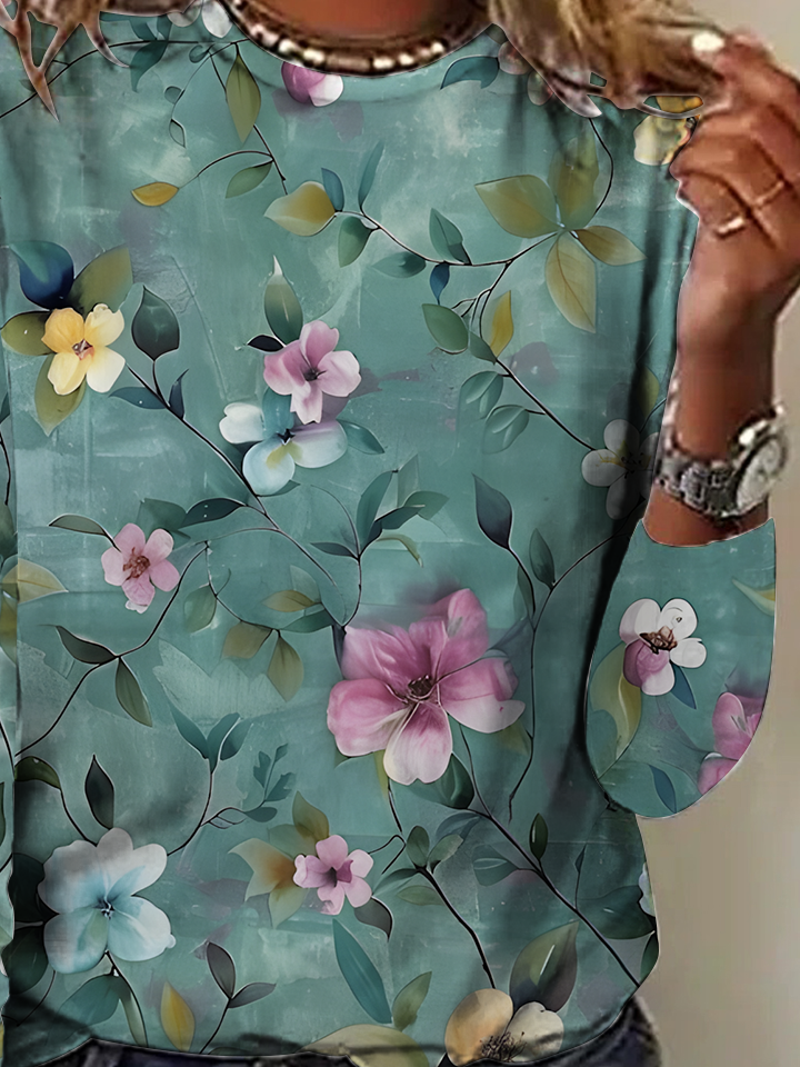 Women's Vintage Art Floral Print Cotton T-Shirt