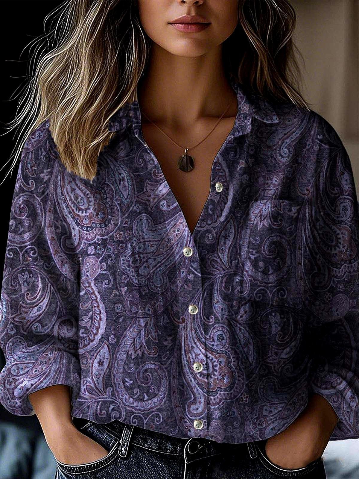 Paisley Shawl Collar Loose Casual Shirt