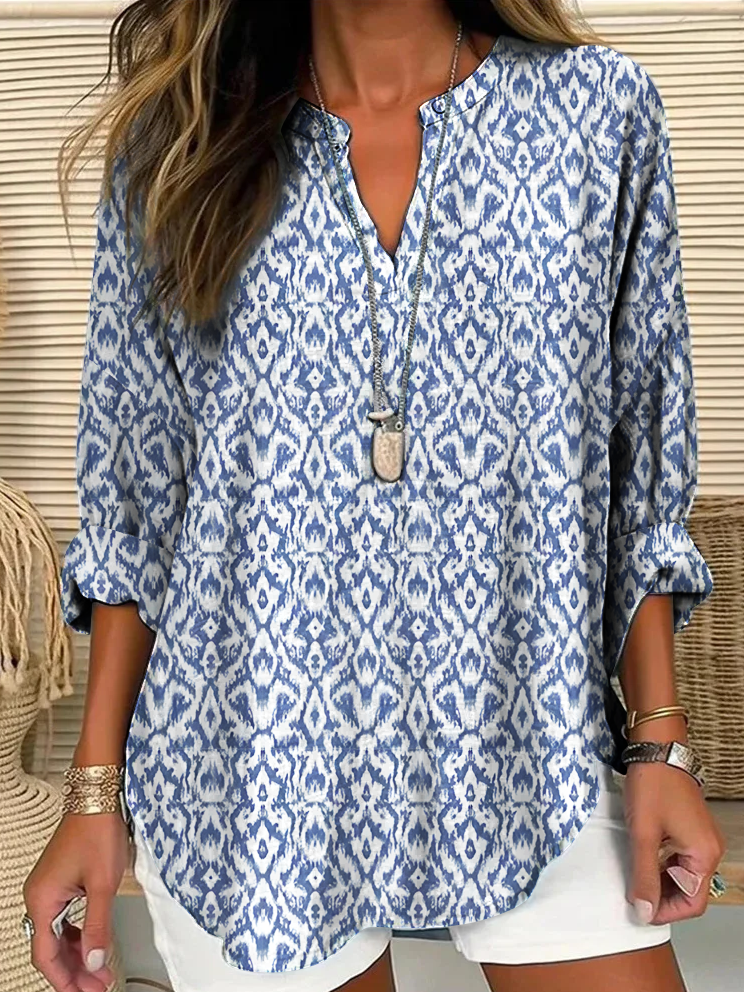 Abstract Graphic Simple V Neck Loose Shirt Blouse