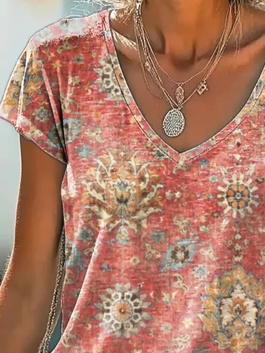 Women's Floral Print Casual V-Neck Short Sleeve T-Shirt