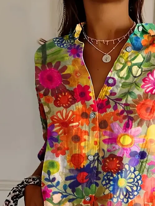Women's Long Sleeve Shirt Spring/Fall As Picture Floral Buckle Shirt Collar Daily Going Out Casual Top