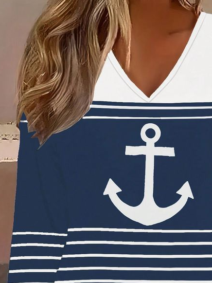 Women's Anchor Stripe Print Casual V-Neck Long Sleeve Casual T-Shirt