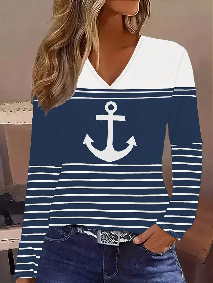 Women's Anchor Stripe Print Casual V-Neck Long Sleeve Casual T-Shirt