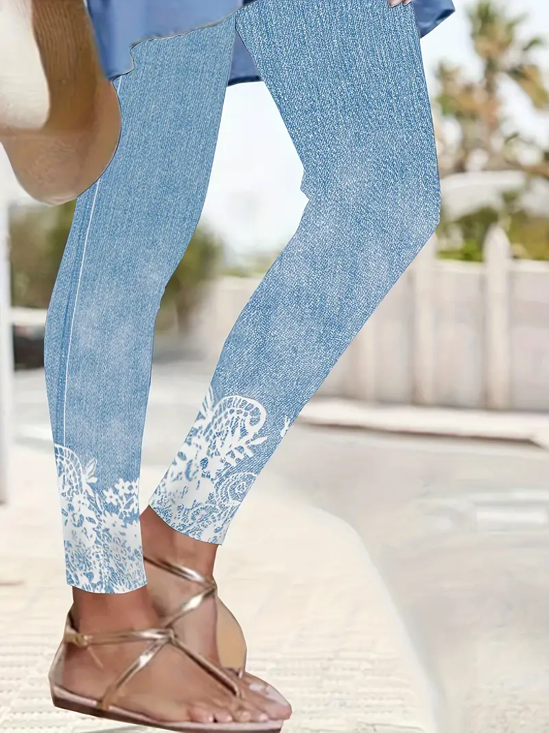 Women's Faux Simulated Denim Printed Spring Casual Leggings
