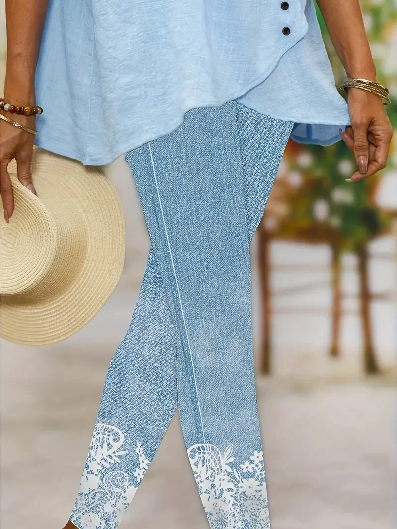 Women's Faux Simulated Denim Printed Spring Casual Leggings